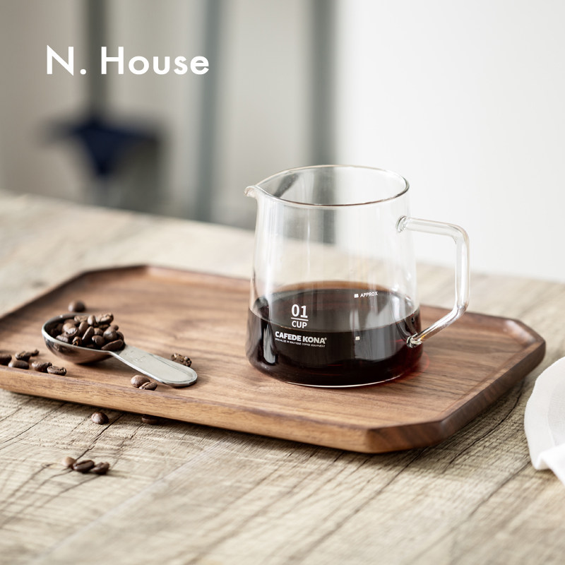 N.House黑胡桃木八角托盘家用放茶杯茶点长方形整木收纳日式茶盘