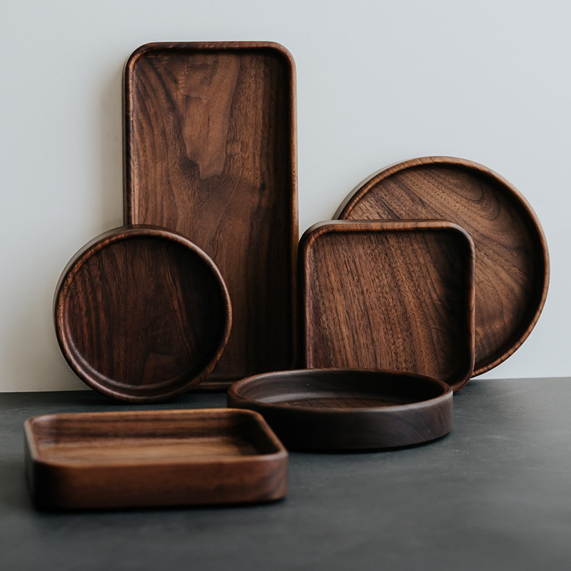 托盘长方形黑胡桃木质日式托盘家用干果零食盘果盘茶点盘实木托盘