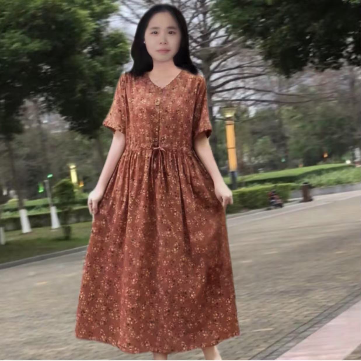 夏季棉麻V领碎花抽带中长连衣裙