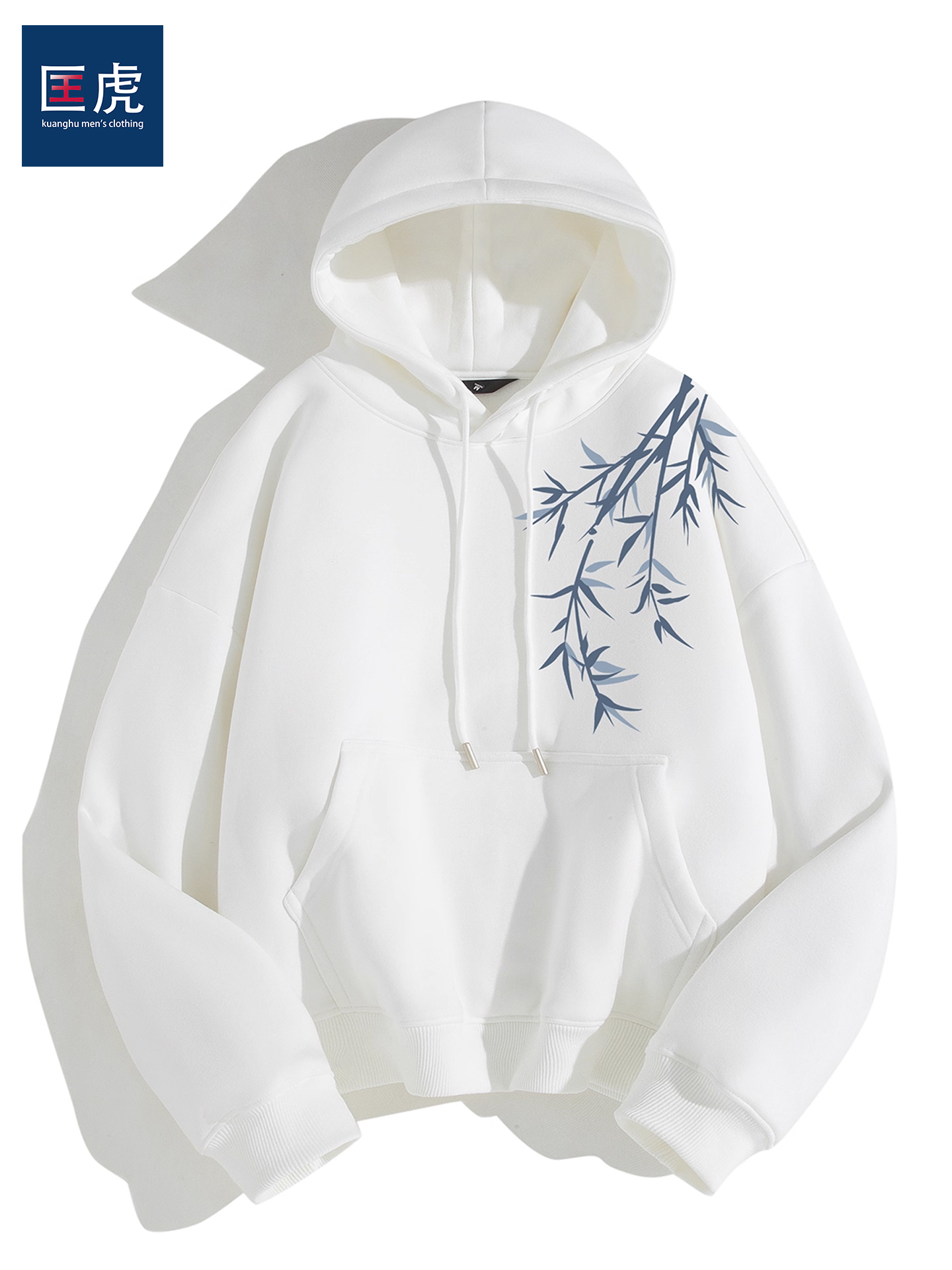 竹叶印花新中式连帽卫衣男硬挺廓形宽松重磅国潮套头酒红色外套秋