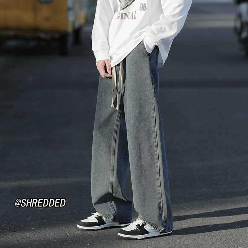 烟灰色美式高街oversize牛仔裤男秋季潮牌ins宽松大码直筒长裤子