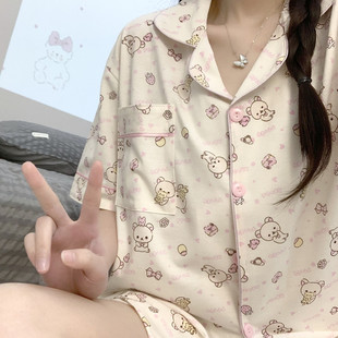 日系卡通轻松熊2026年新款睡衣女夏季短袖短裤大码夏天可爱家居服