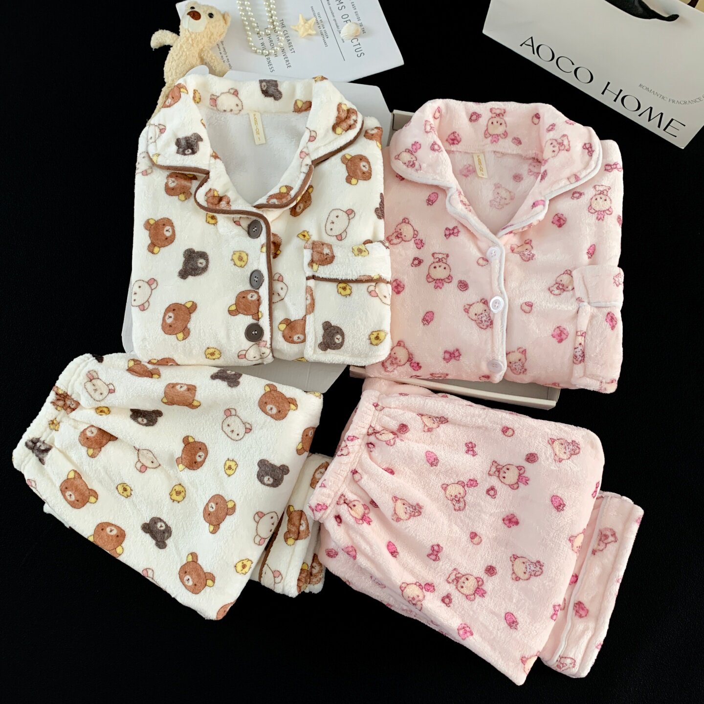 卡通可爱轻松熊法兰绒睡衣男女情侣冬季加厚保暖家居服套装可外穿