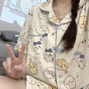 ins日系新款睡衣女夏季短袖可爱卡通学生宽松大码夏天家居服套装