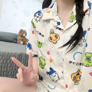 日系拓麻歌子麻美吉睡衣女夏季冰丝短袖可爱卡通大嘴吉夏天家居服