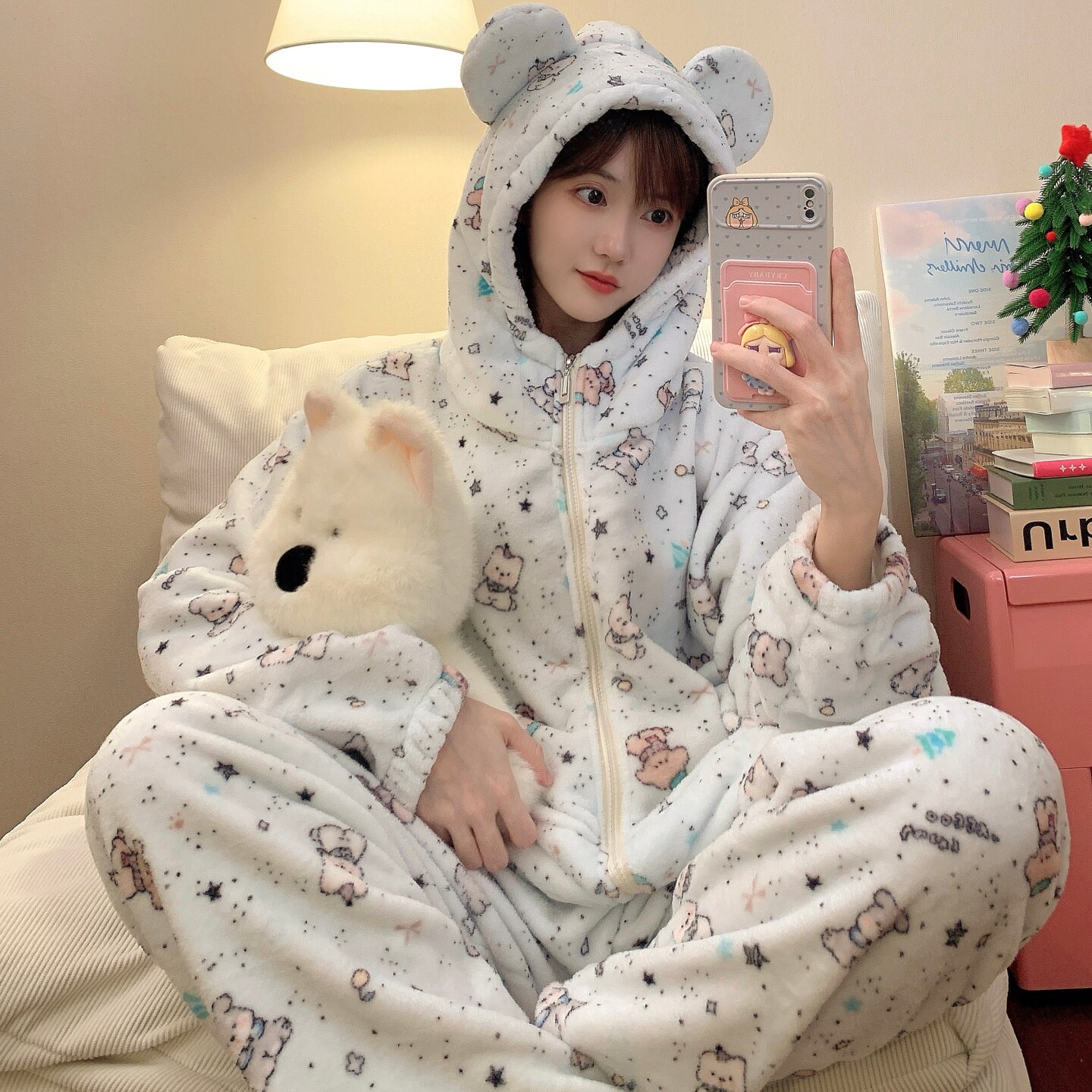 新款情侣睡衣女冬季加绒加厚法兰绒可爱卡通连帽毛茸茸家居服套装