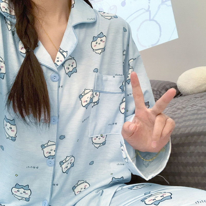 可爱卡通小八睡衣女春秋季纯棉长袖长裤学生大码春夏天家居服套装