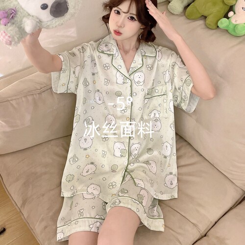 日系自嘲熊冰丝睡衣女夏季天短袖
