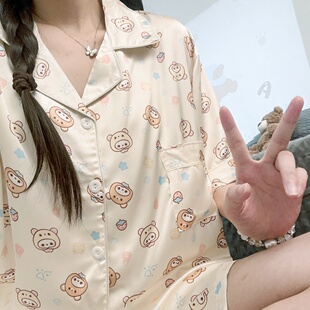 ins日系小熊冰丝睡衣女夏季薄款短袖短裤可爱卡通学生夏天家居服