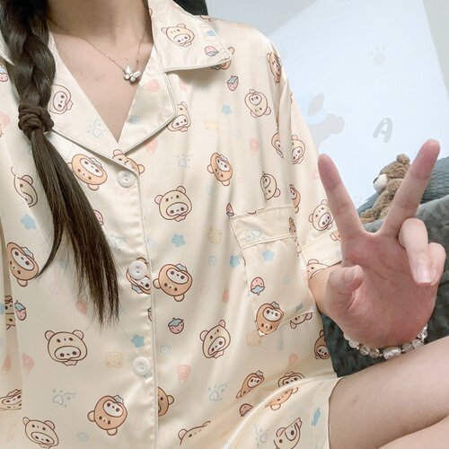 ins小熊冰丝睡衣女夏季薄款短袖