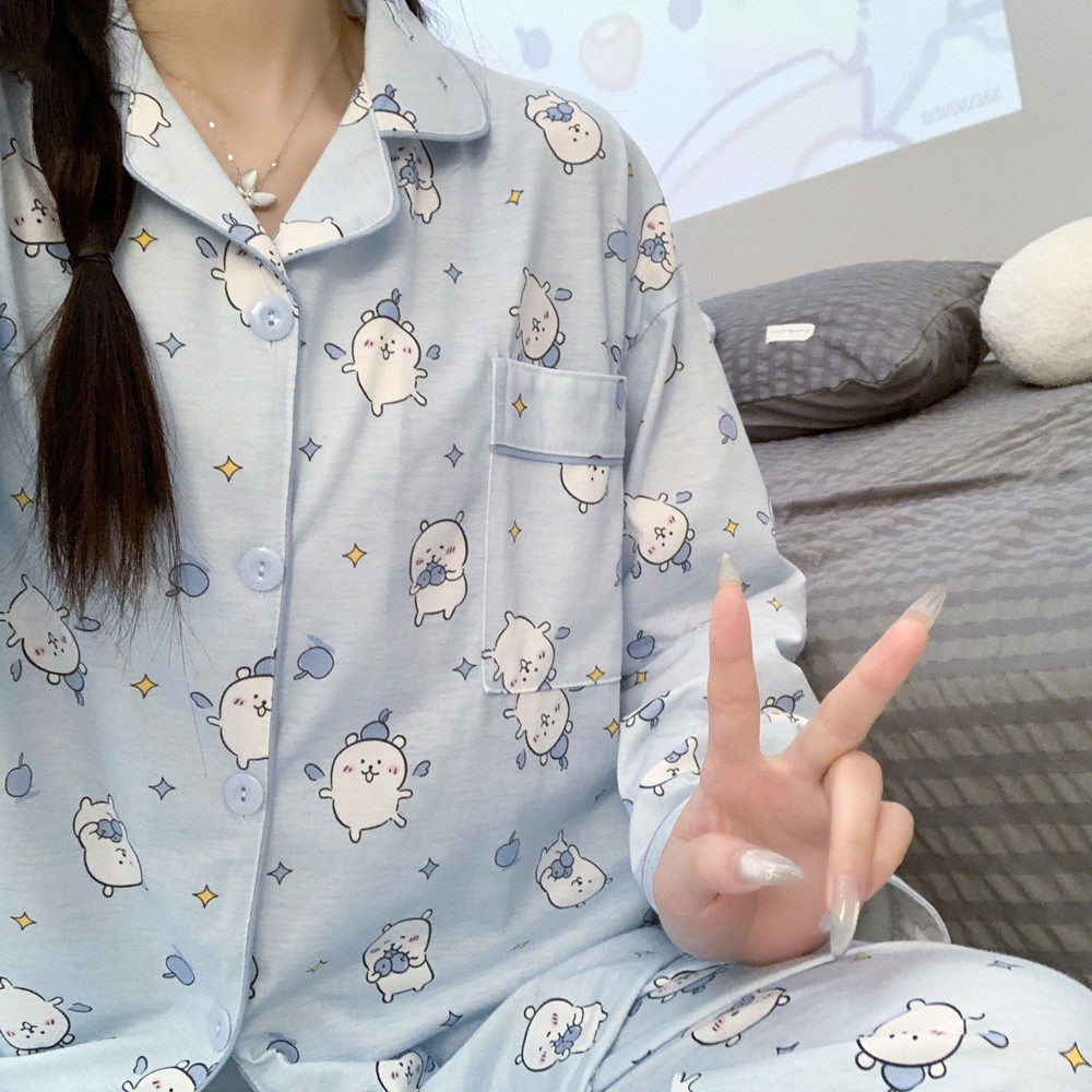 可爱卡通自嘲熊情侣睡衣女款春秋季纯棉长袖长裤大码男家居服套装