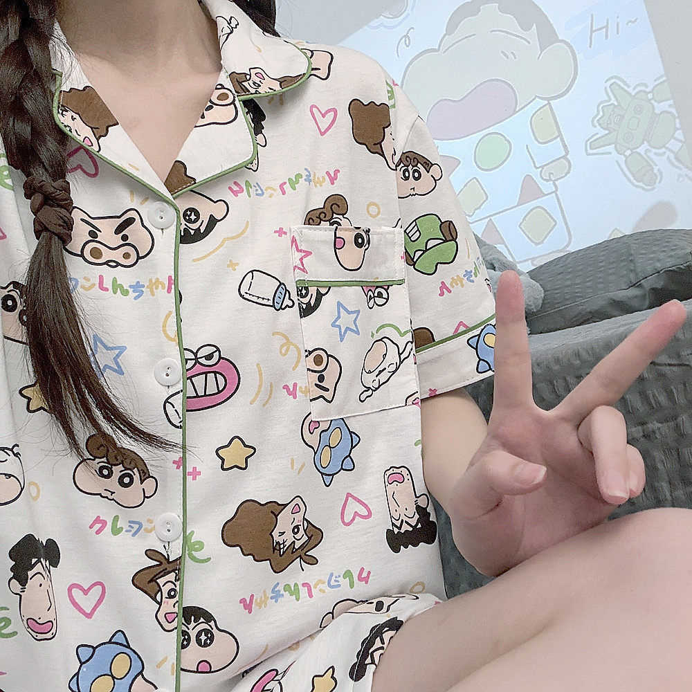 蜡笔小新ins睡衣女夏季纯棉短袖可爱卡通学生大码夏天家居服套装