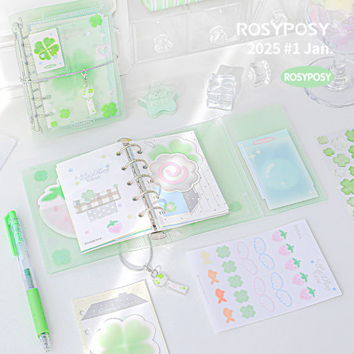 「四叶草三折M5！透明斜纹」Rosyposy柔设mini活页手帐本韩迷你韩