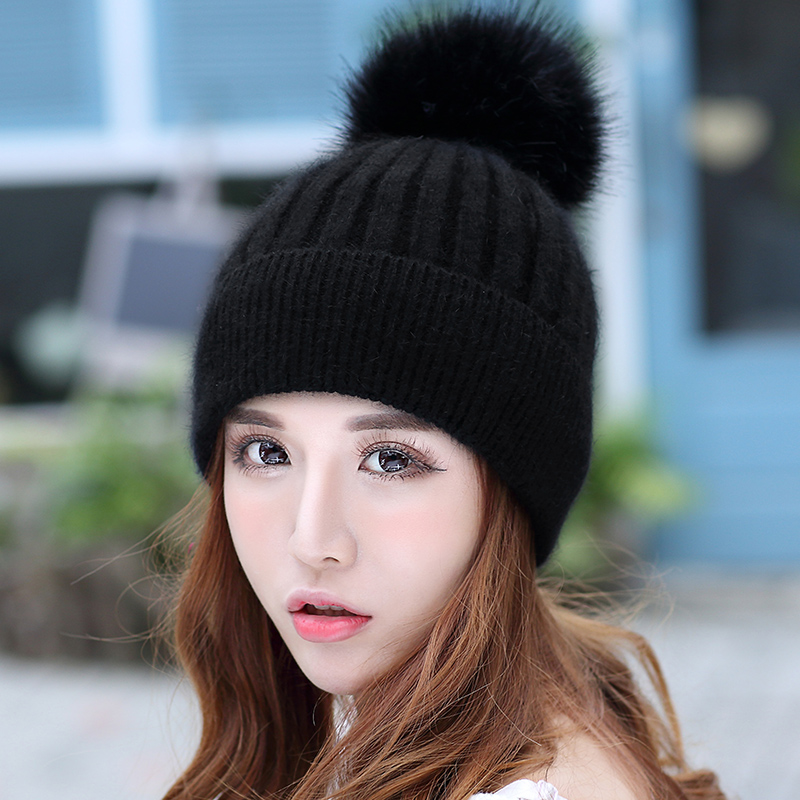 女韩版潮甜美毛球秋冬针织毛线帽