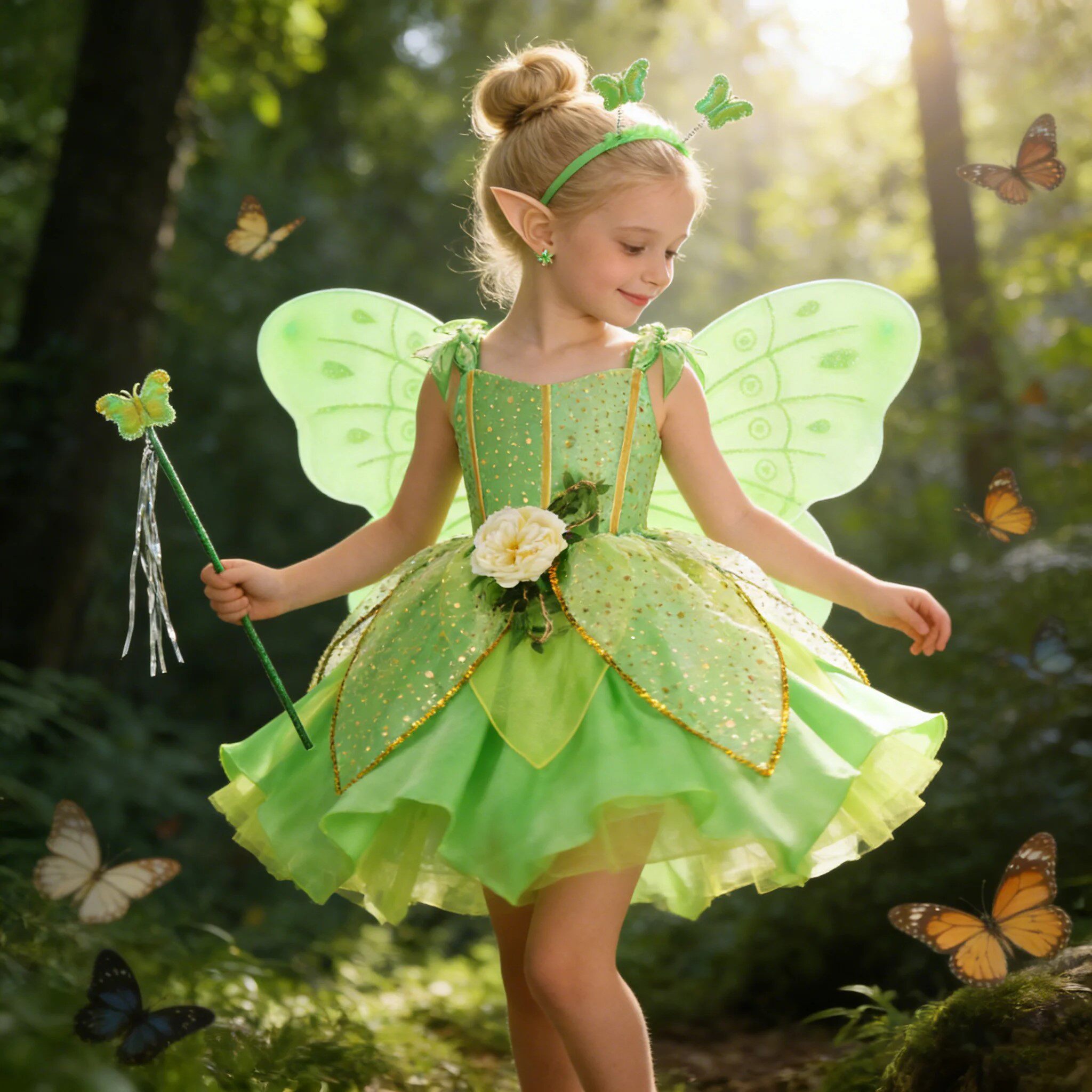 女童奇妙仙子Tinkerbell Cos服装舞台演出森林仙子绿色小精灵裙子