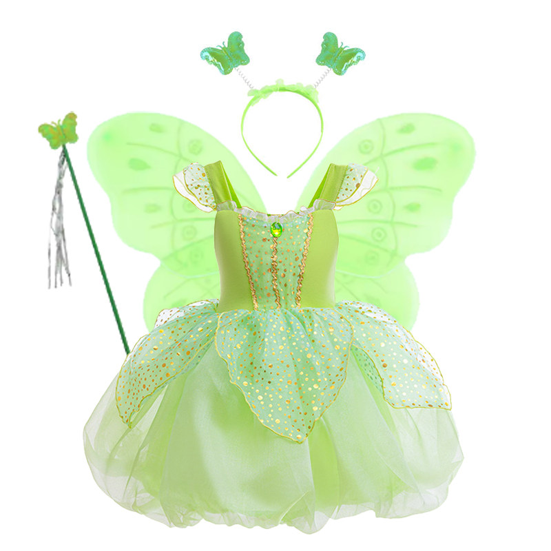 女童奇妙仙子Tinkerbell Cos服装舞台演出森林仙子绿色小精灵裙子