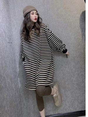 欧洲站大码300斤胖mm秋宽松黑白条纹T恤女中长款时尚洋气长袖上衣