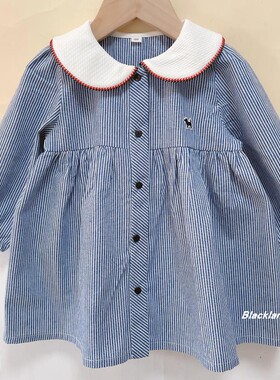 春秋 韩版童装 女童纯棉蓝色开衫竖条纹长袖连衣裙宝宝儿童裙子
