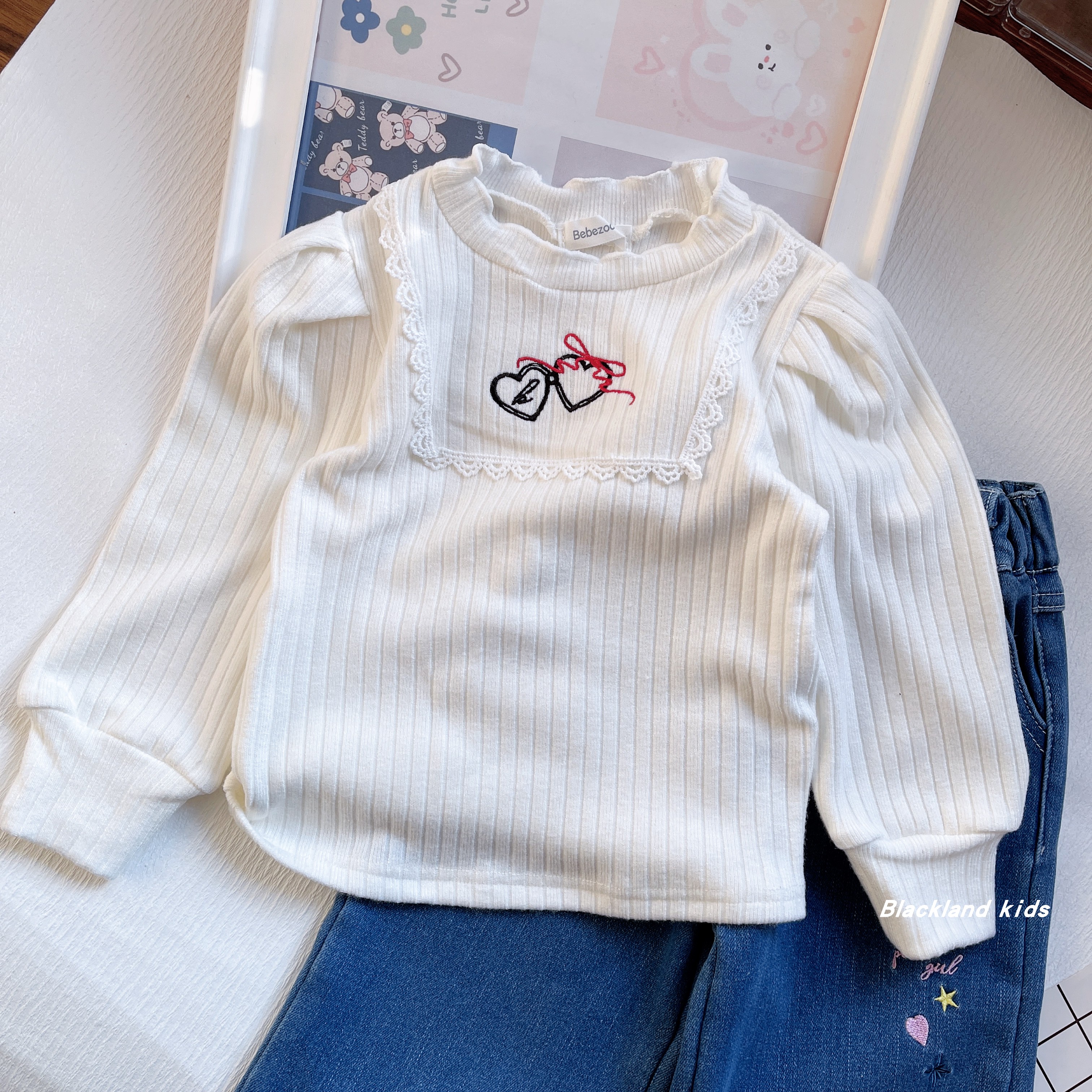 100-150码 春秋冬款童装 女童泡泡袖坑条加厚打底衫 儿童宝宝上衣