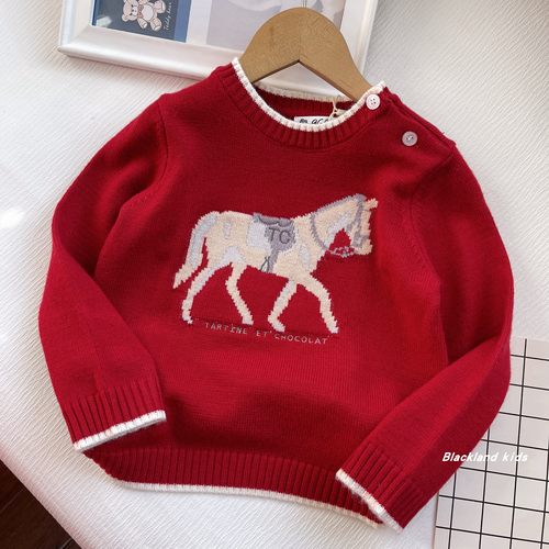 110-150码 春秋冬款 红色小马新年装 男女童含羊毛针织毛衣保暖