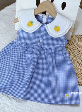 细节控BI入90-150码 夏女童蓝格子薄软棉背心裙儿童宝翻领连衣裙