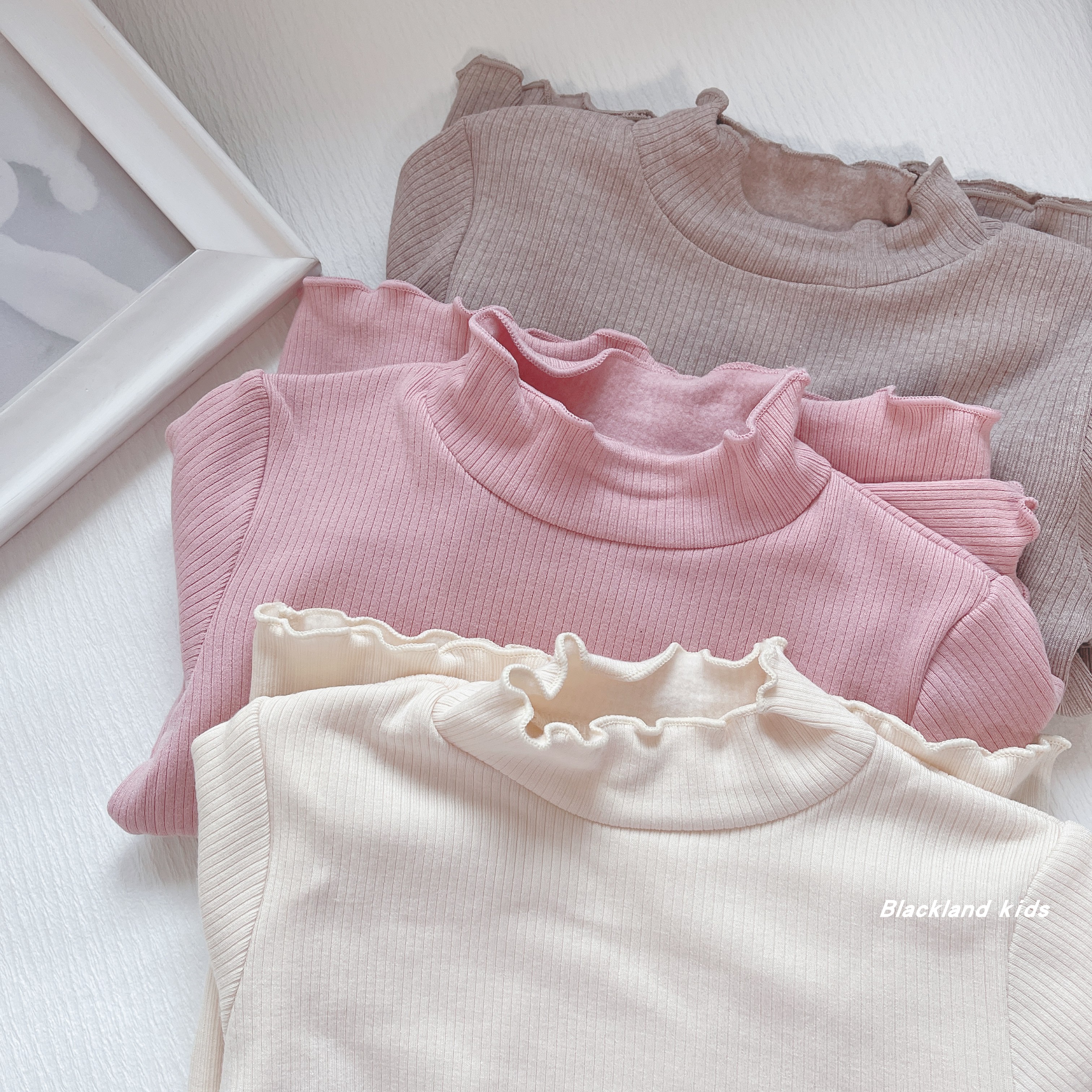 100-160码秋冬款童装 女童薄绒上衣儿童宝宝木耳边弹力打底衫上衣