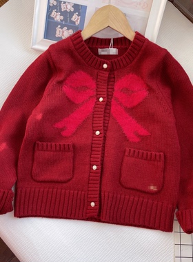 110-150码春秋冬款 红色新年装女童蝴蝶结开衫毛衣含羊毛保暖外套