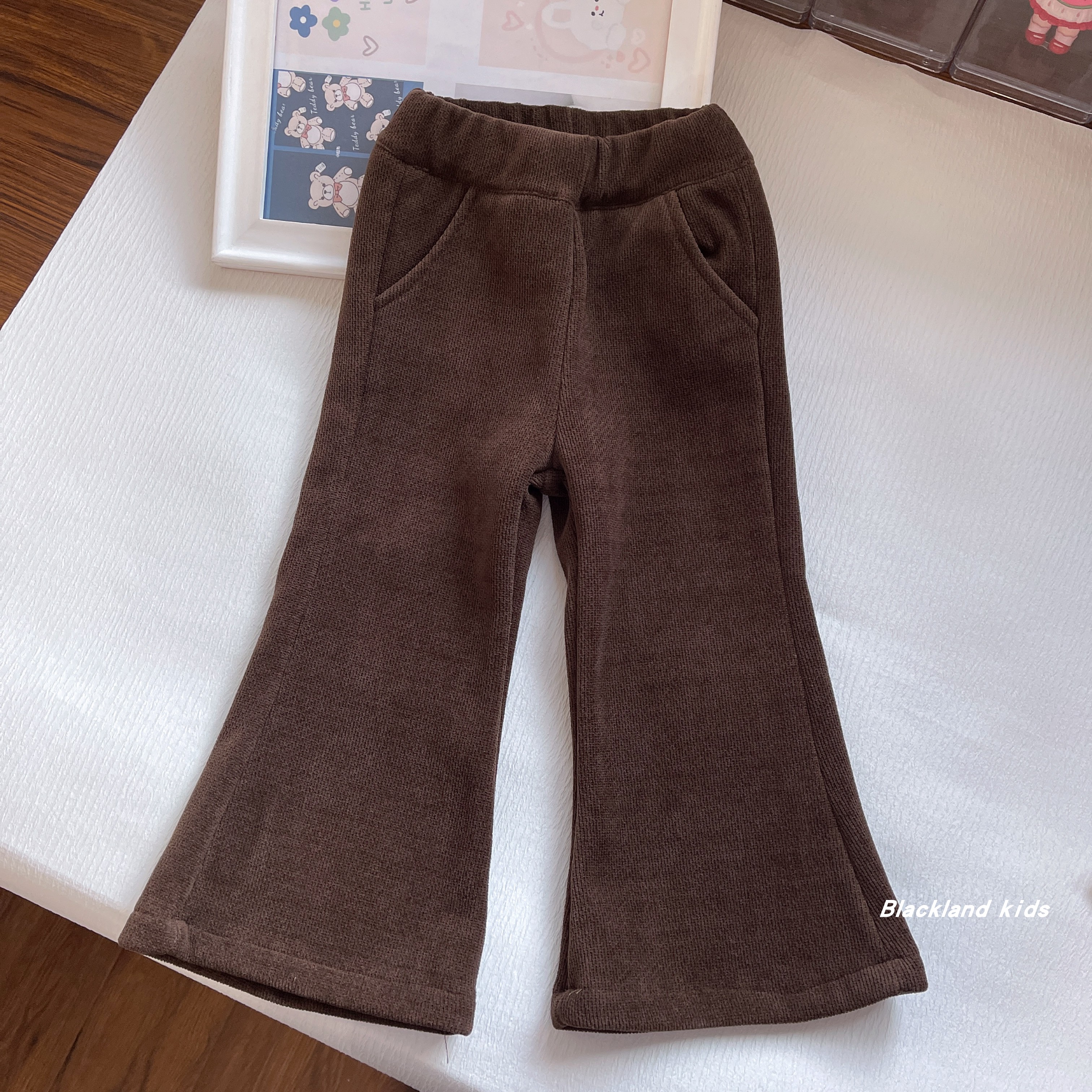 90-150码女童喇叭裤冬装款一体绒欧根棉软糯长裤儿童加厚百搭裤子