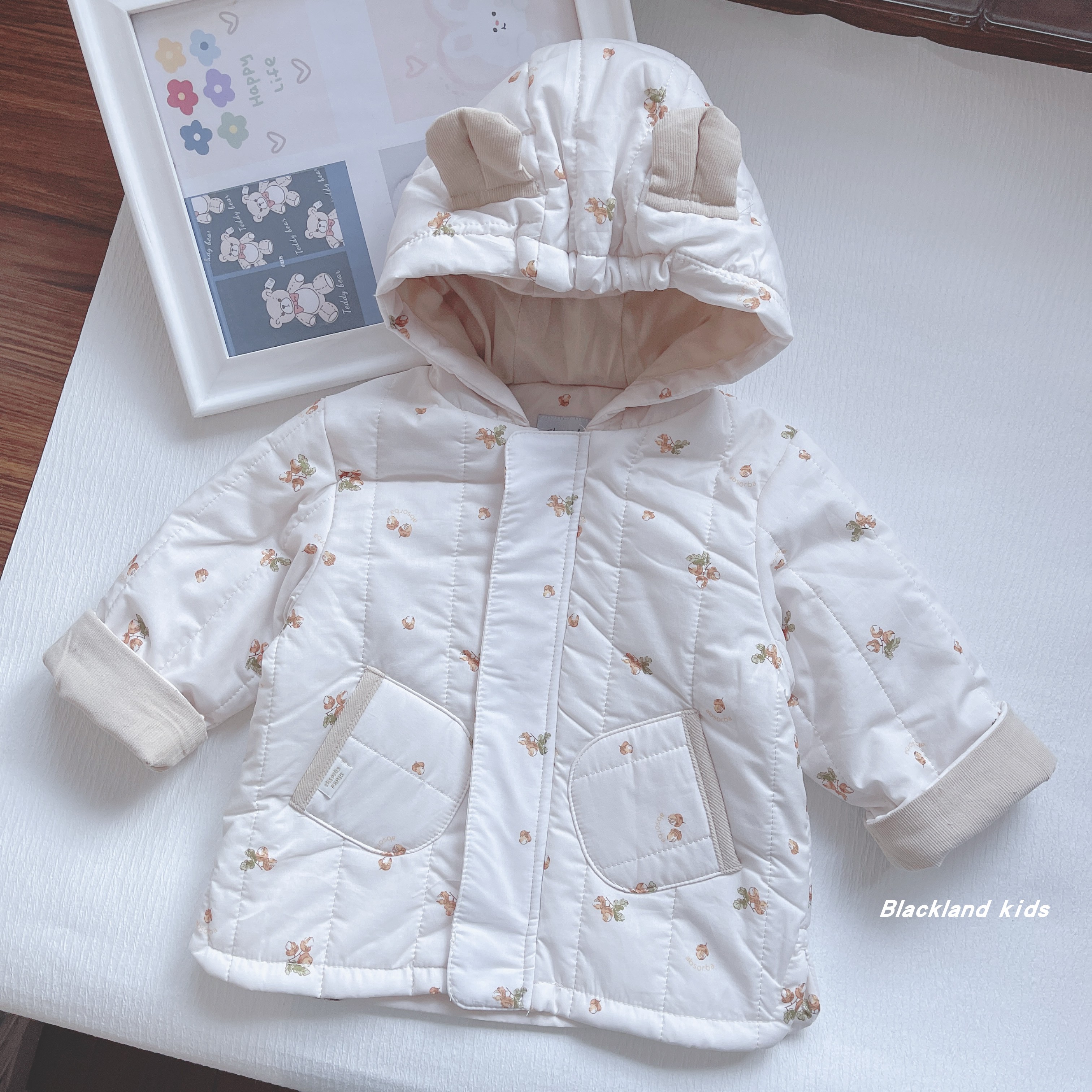 薄棉夹棉外套韩国童装秋冬款女童儿童宝宝纯棉满印连帽棉衣小棉服
