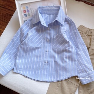 90-150码 儿童学院风条纹衬衫秋季新款男女童百搭长袖衬衣外套