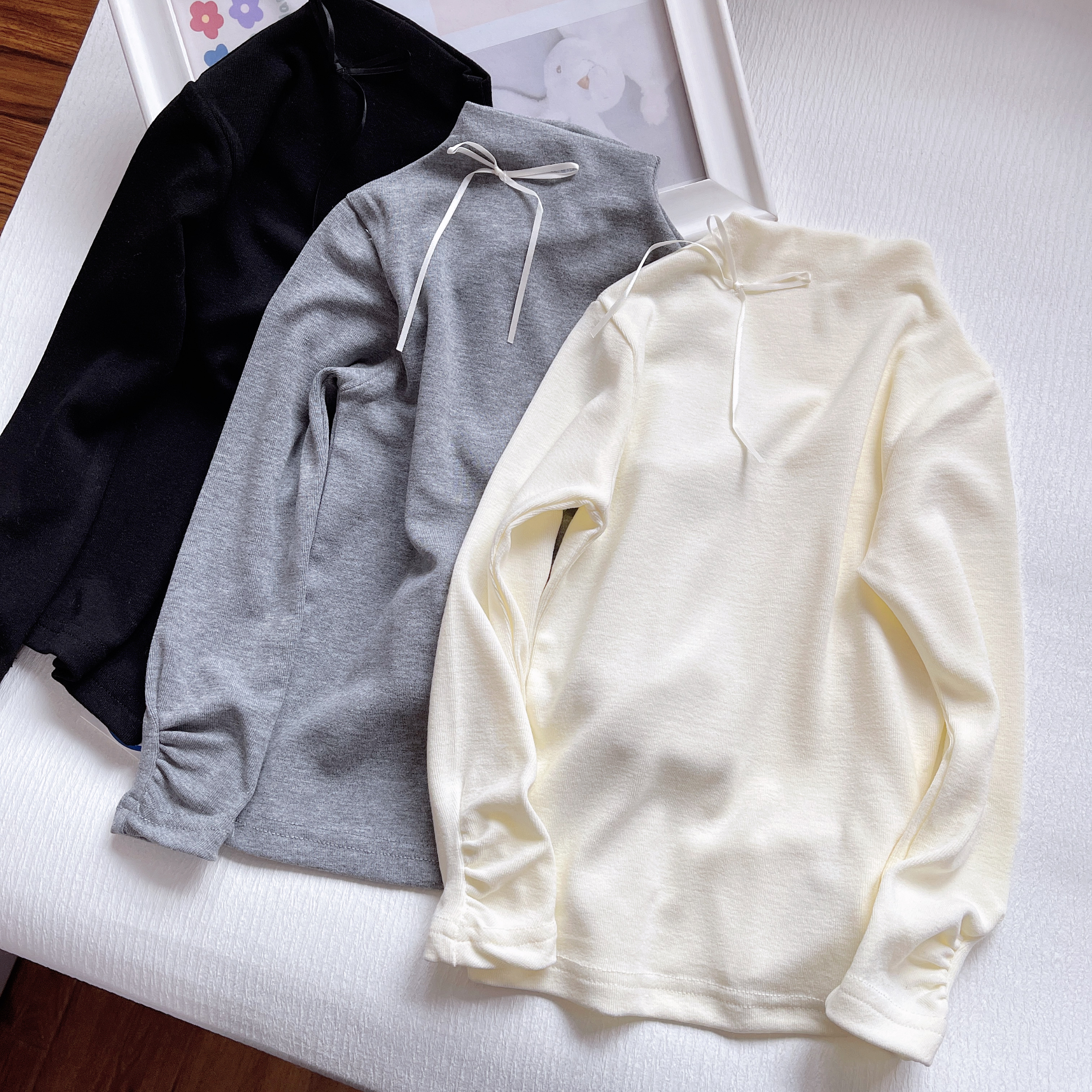 90-150码春秋童装 女童半高领高弹打底衫儿童宝蝴蝶结长袖T恤秋衣