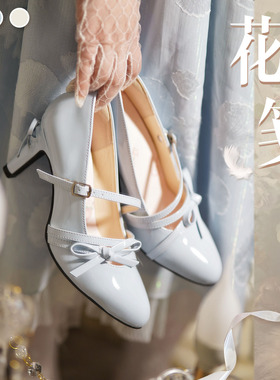 现货花笺原创尖头高跟鞋子蝴蝶结桃小坞lolita细跟单鞋女优雅cla