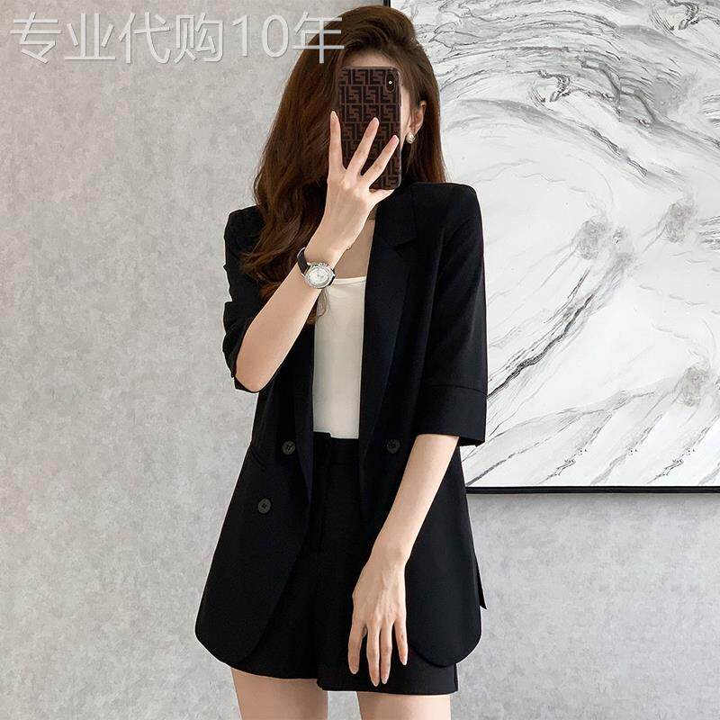 潮牌西装外套女夏季薄款2026新款职业短袖小个子中袖西服短裤套装
