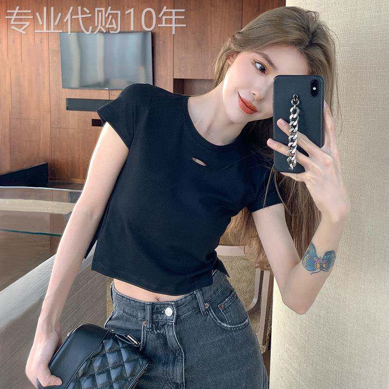 小个子黑色短款上衣女短袖ins潮夏2025年新款修身高腰露脐破洞T恤