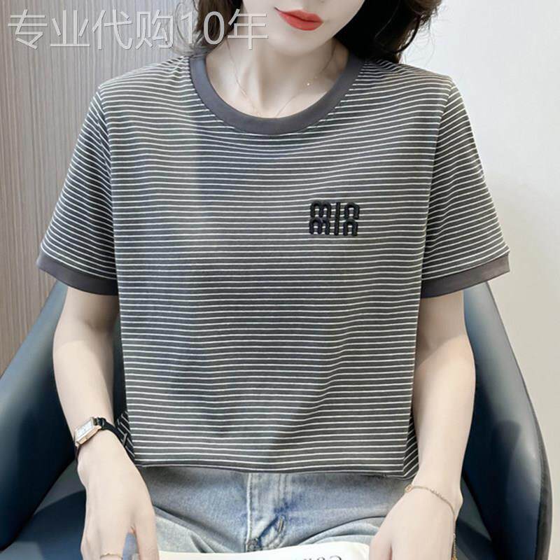 撞色减龄上衣纯棉条纹短袖t恤女2026夏季新款灰色正肩宽松体恤潮