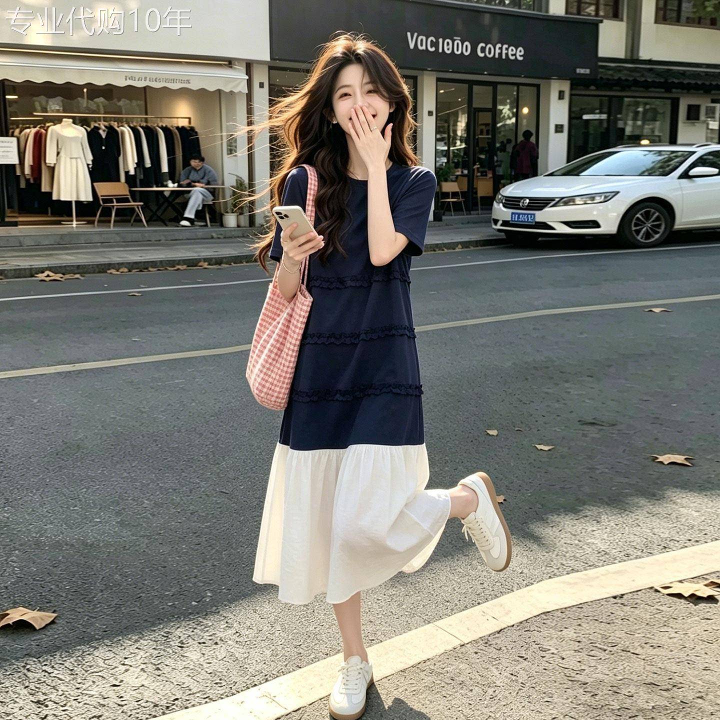 洋装女夏2026新款拼接木耳边孕妇显瘦遮肉韩系宽松垂感A字T恤裙