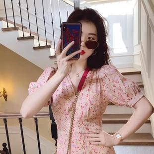 新款 欧洲站2025年夏装 碎花有女人味收腰仙气连衣裙减龄田园风长裙