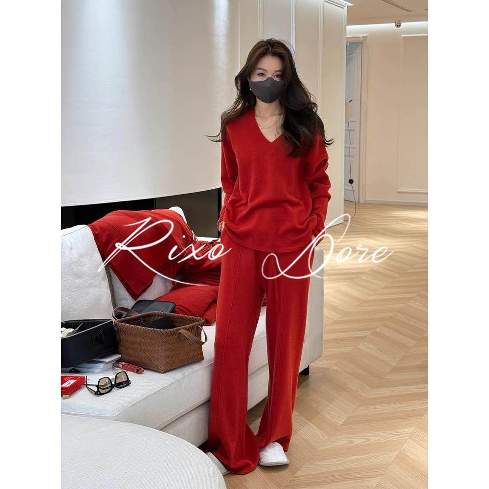 RIXO DORE法式盐系轻熟高级感红色针织衫女上衣阔腿裤子两件套装