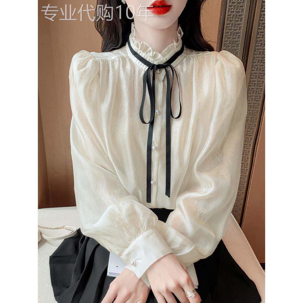 法式立领雪纺衬衫女春秋2025新款蝴蝶结系带衬衣高端名媛长袖上衣