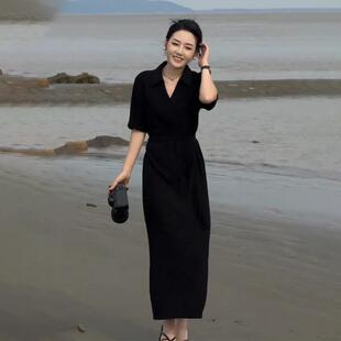欧洲站轻奢气质收腰显瘦赫本风洋装 V领小黑裙 女2025年夏季 新款