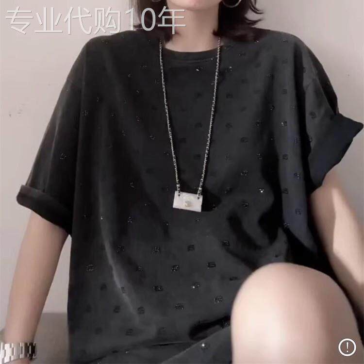 重工字母镶钻短袖T恤女夏季欧货大版体恤遮屁股下衣失踪上衣大码