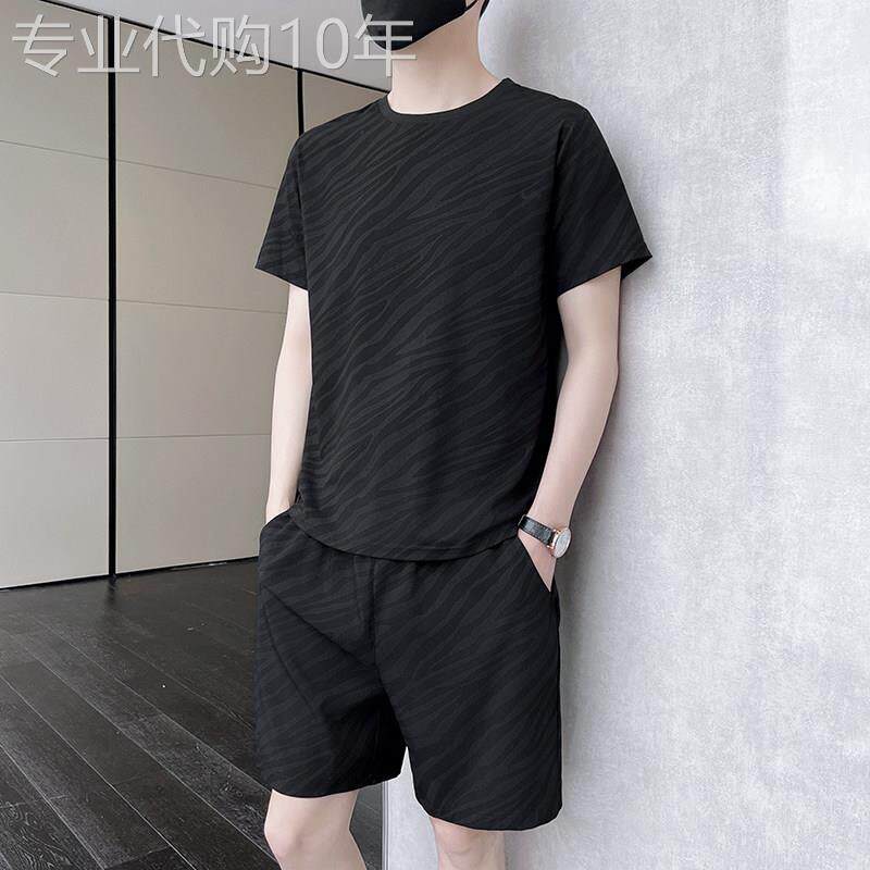 冰丝休闲运动套装男士夏季薄款潮牌宽松短袖短裤痞帅男装搭配一套