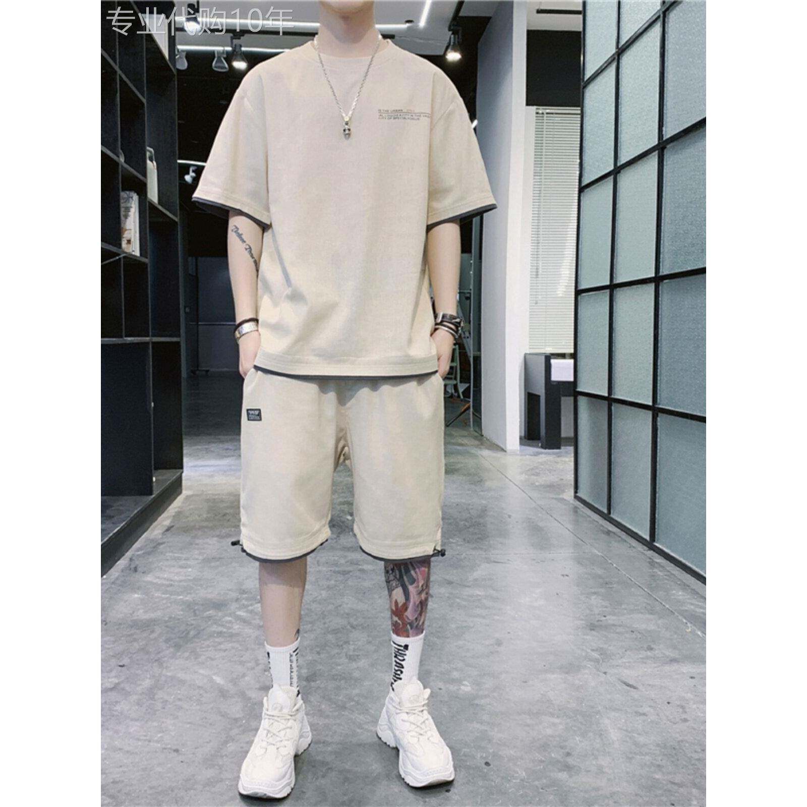 高端亚麻短袖T恤男士短裤夏季薄款2025年新款宽松运动服套装男款