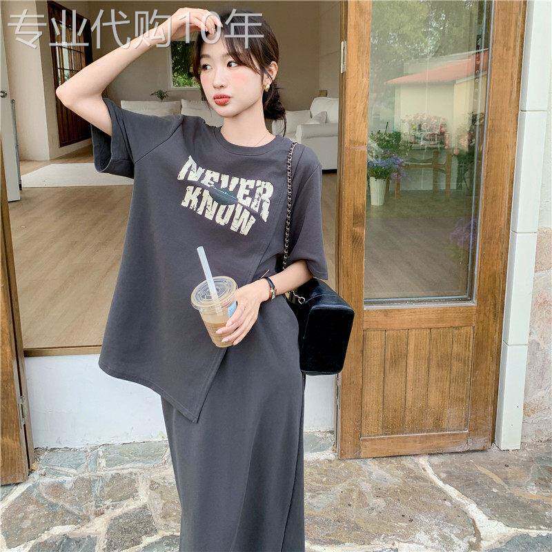 韩版高级感灰色设计感套装裙2026新款女夏简约T恤半裙两件套穿搭