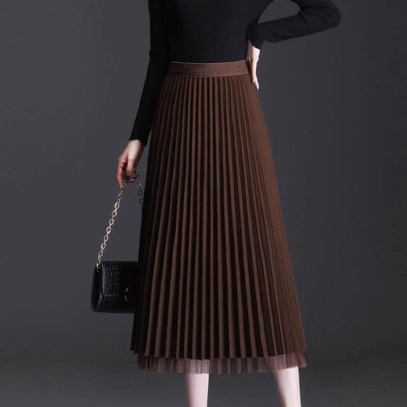 2025新款半身裙女秋冬高腰显瘦a字长裙纱裙两面穿毛呢网纱百褶裙