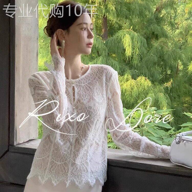 RIXO DORE法式杏色蕾丝镂空上衣女高级感缎面拼接半裙洋气两件套
