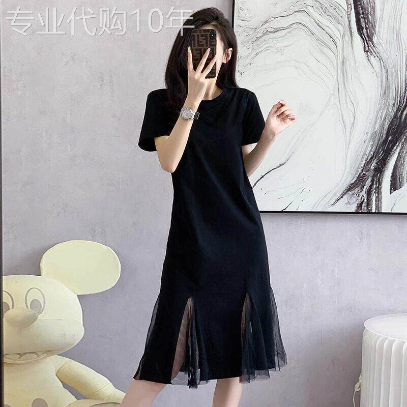 黑色连衣裙女夏季2026新款中长款网纱设计感正肩休闲短袖t恤裙子