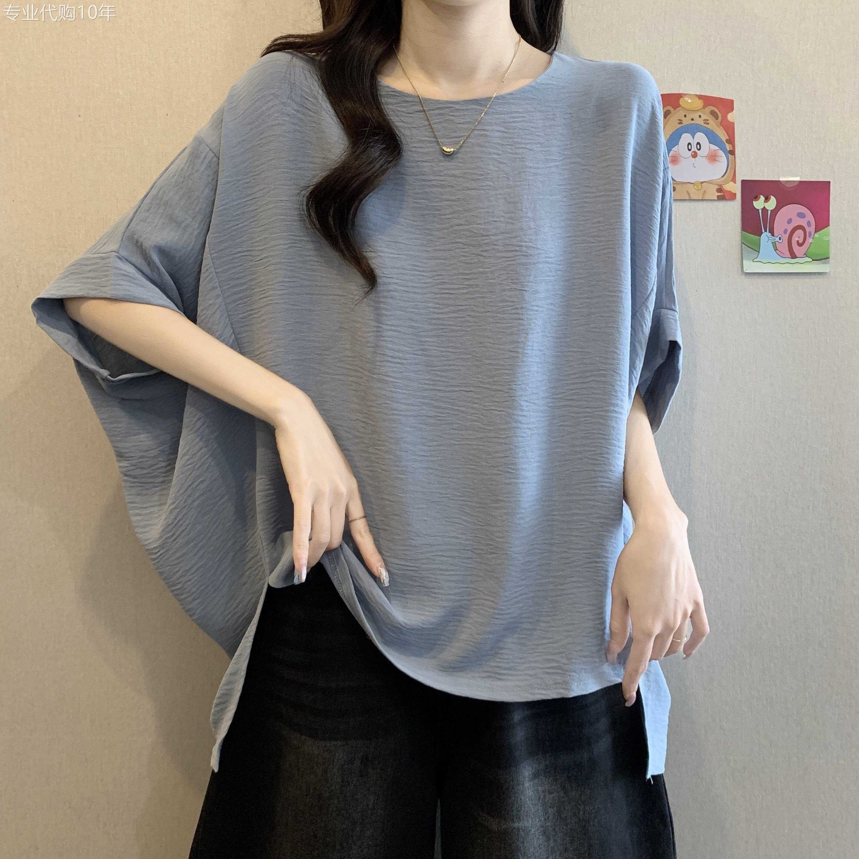 egmg慵懒风短袖雪纺衫女夏季2026新款宽松显瘦蝙蝠袖洋派百搭上衣