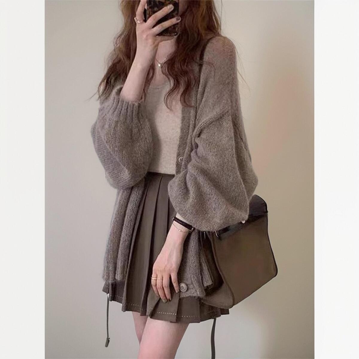 日系中长款灯笼袖马海毛针织开衫女百搭薄款宽松慵懒毛衣外套上衣