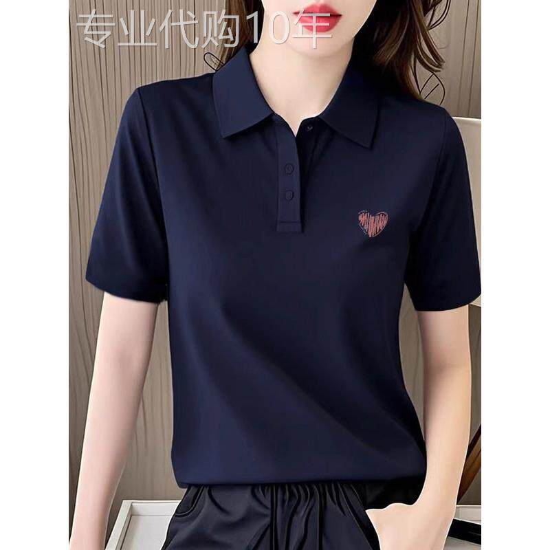 美式Polo衫女式大尺寸纯棉t恤女式夏季利基海军蓝短袖宽松常规风